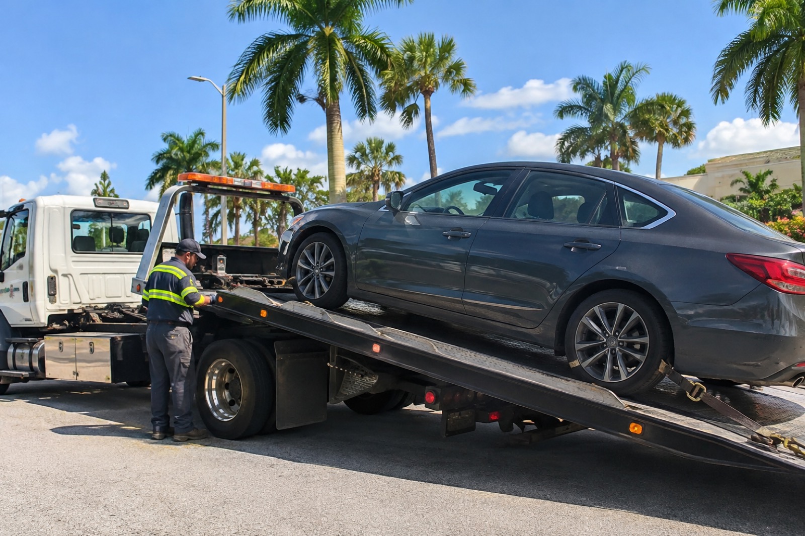 Flatbed tow truck loading a sedan in Florida